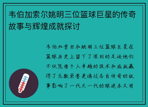 韦伯加索尔姚明三位篮球巨星的传奇故事与辉煌成就探讨